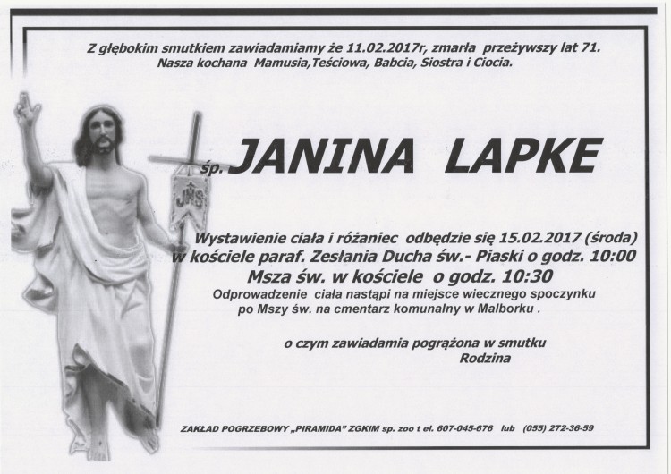 Zmarła Janina Lapke. Żyła 71 lat.