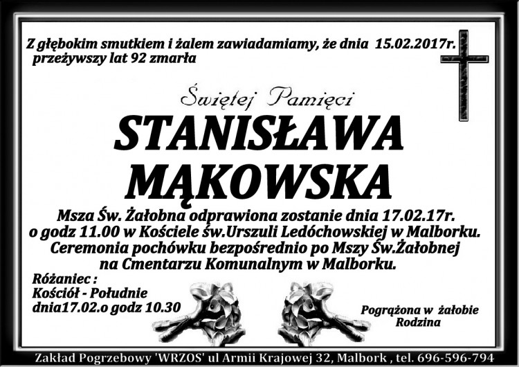 Zmarła Stanisława Mąkowska. Żyła 92 lata.