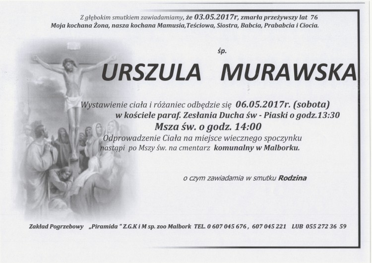 Zmarła Urszula Murawska. Żyła 76 lat.