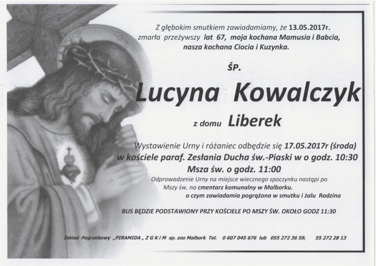 Zmarła Lucyna Kowalczyk. Żyła 67 lat.