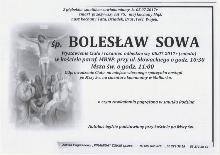 Zmarł Bolesław Sowa. Żył 75 lat.