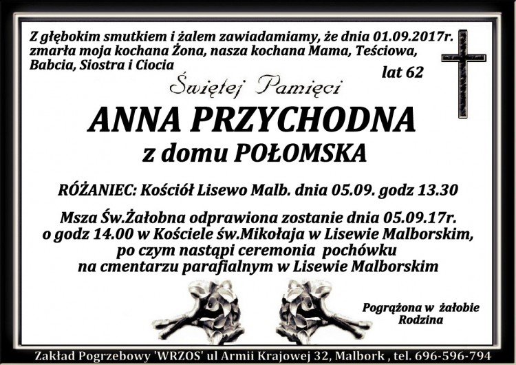Zmarła Anna Przychodna. Żyła 62 lat.