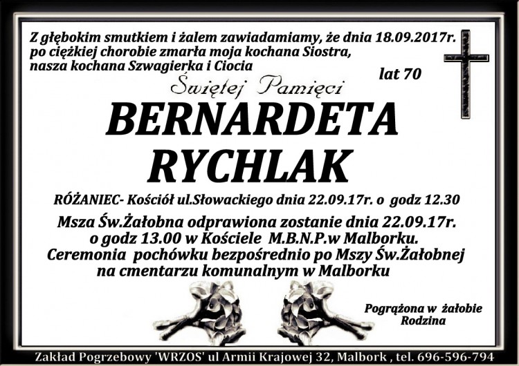 Zmarła Bernadeta Rychlak. Żyła 70 lat