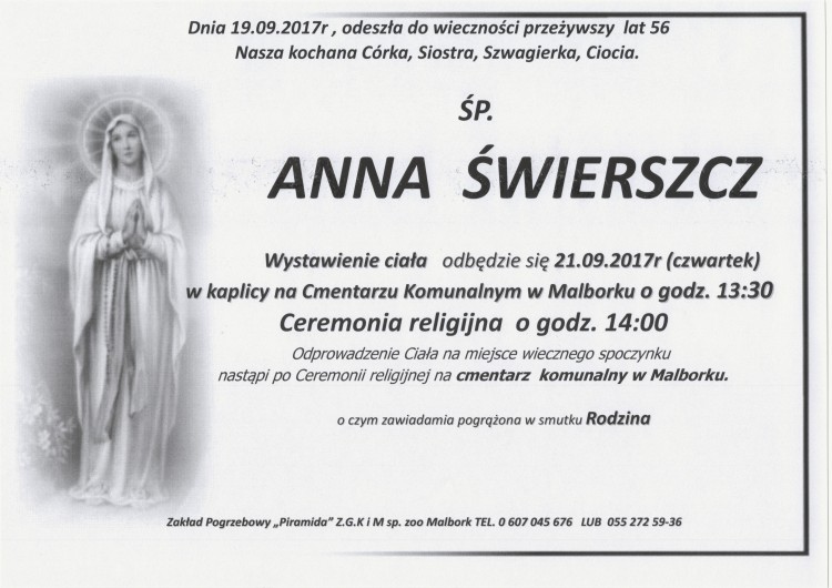 Zmarła Anna Świerszcz. Żyła 56 lat.