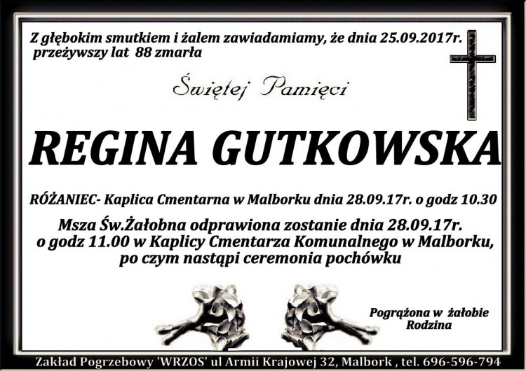 Zmarła Regina Gutkowska. Żyła 88 lat