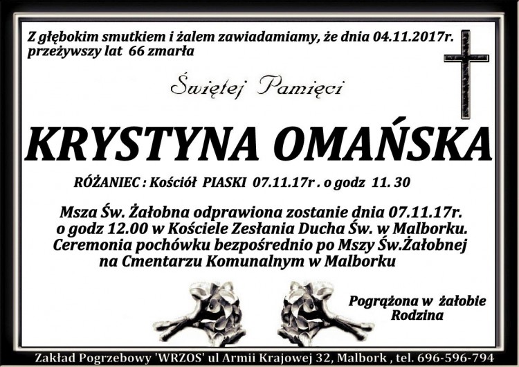 Zmarła Krystyna Omańska. Żyła 66 lat.