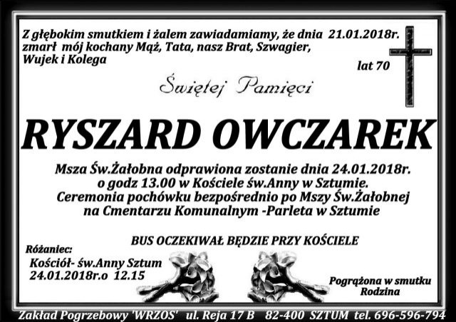 Zmarł Ryszard Owczarek. Żył 70 lat.