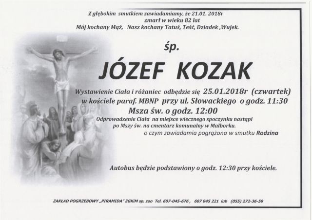 Zmarł Józef Kozak. Żył 82 lat.