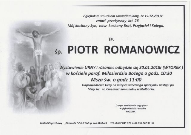Zmarł Piotr Romanowicz. Żył 26 lat.