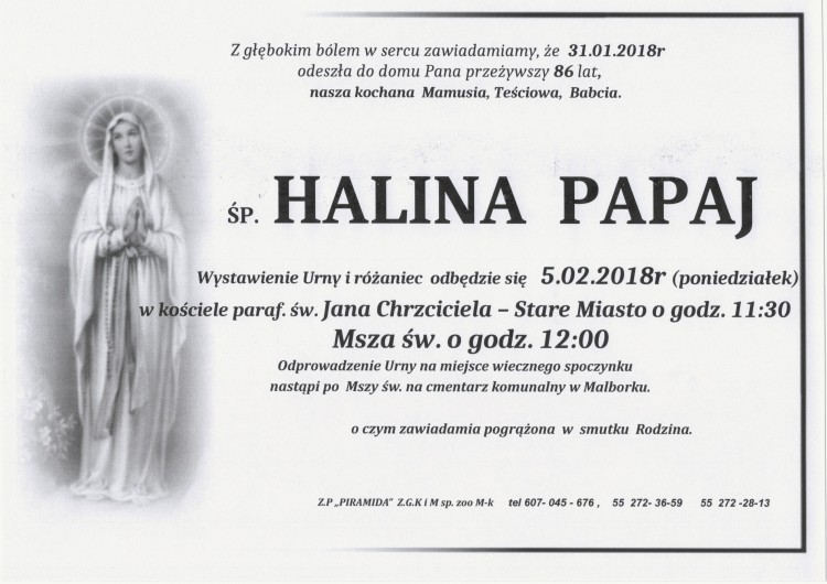 Zmarła Halina Papaj. Żyła 86 lat.
