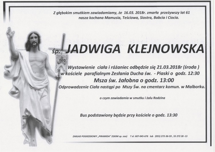 Zmarła Jadwiga Klejnowska. Żyła 61 lat.