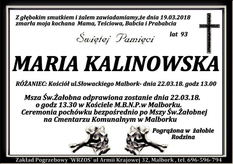 Zmarła Maria Kalinowska. Żyła 93 lata.