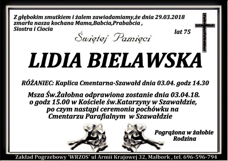 Zmarła Lidia Bielawska. Żyła 75 lat.