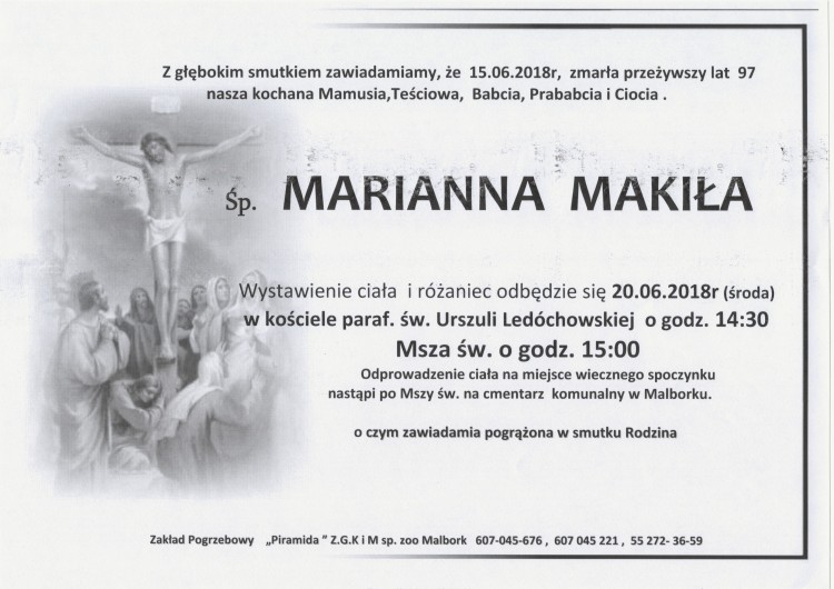 Zmarła Marianna Makiła. Żyła 97 lat.