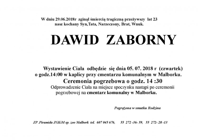 Zmarł Dawid Zaborny. Żył 23 lata.