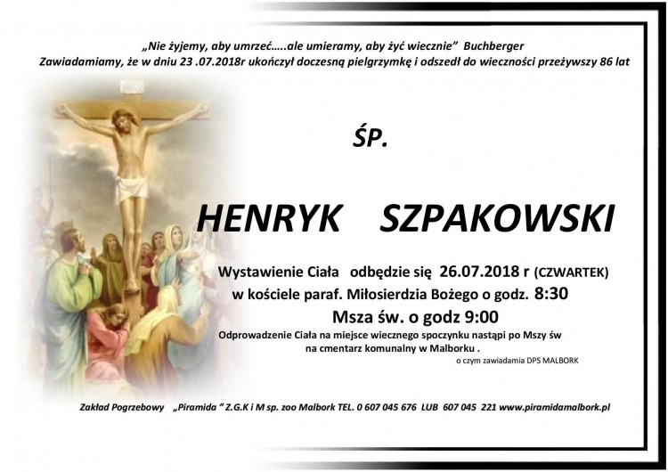 Zmarł Henryk Szpakowski. Żył 86 lat.