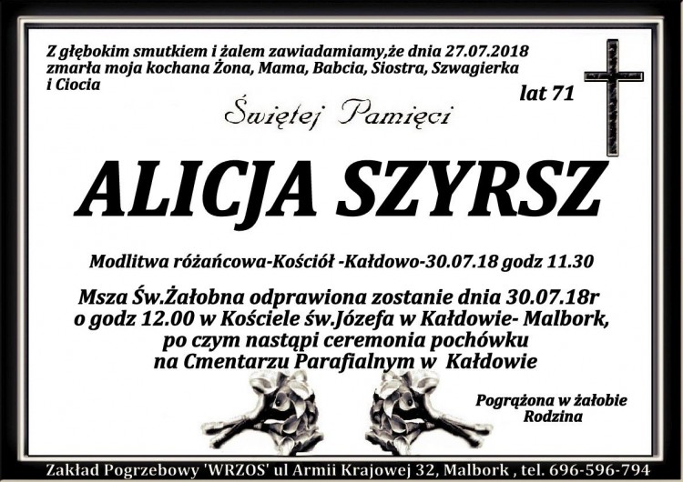 Zmarła Alicja Szyrsz. Żyła 71 lat.
