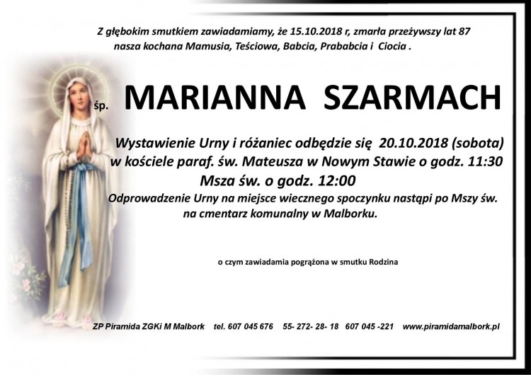Zmarła Marianna Szarmach. Żyła 87 lat.