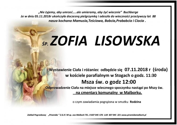 Zmarła Zofia Lisowska. Żyła 88 lat.