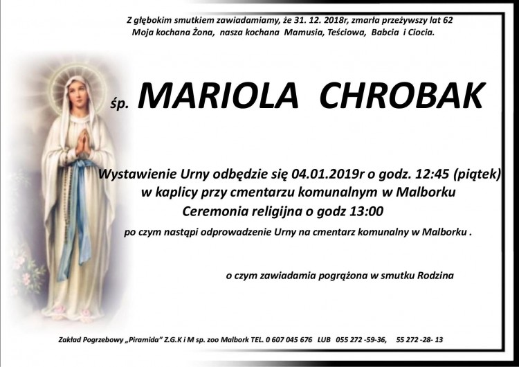 Zmarła Mariola Chrobak. Żyła 62 lata.