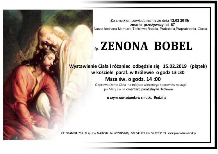 Zmarła Zenona Bobel. Żyła 87 lat.