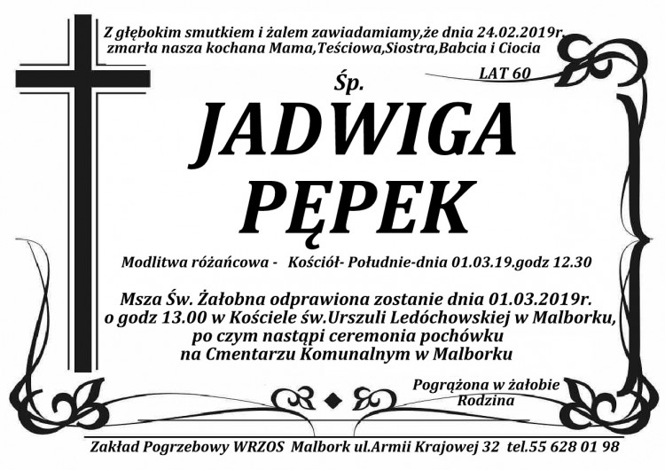 Zmarła Jadwiga Pępek. Żyła 60 lat.