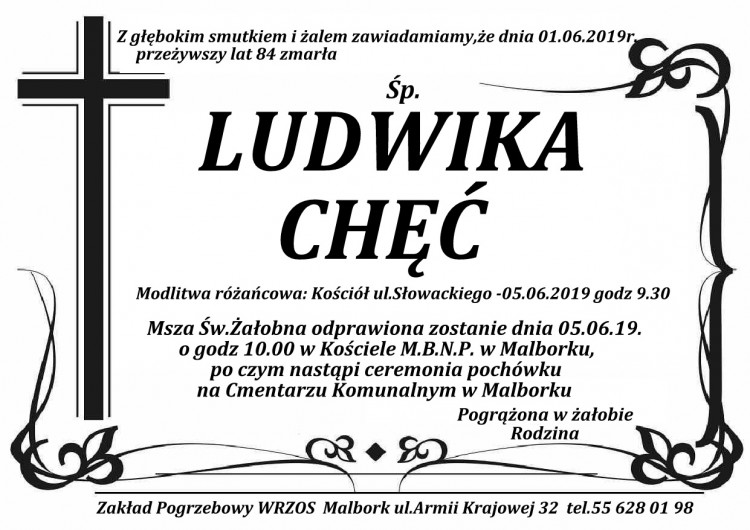 Zmarła Ludwika Chęć. Żyła 84 lata.