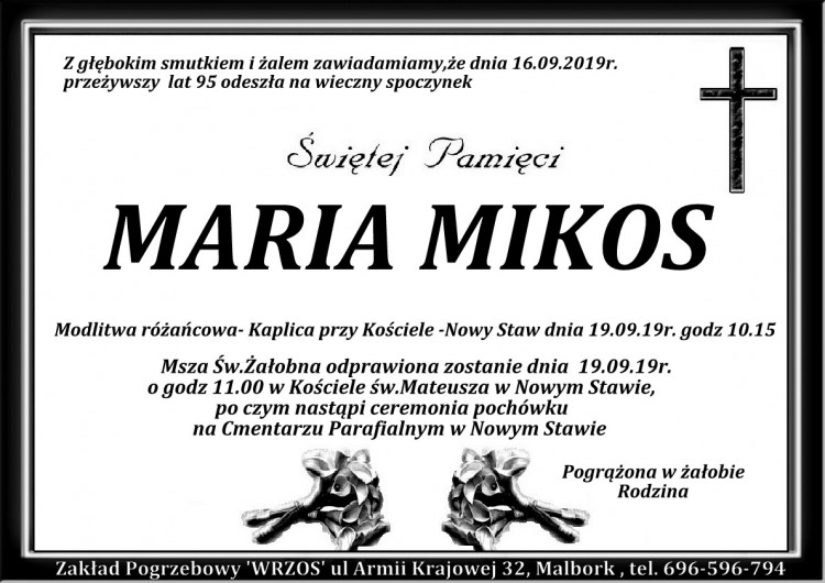 Zmarła Maria Mikos. Żyła 95 lat