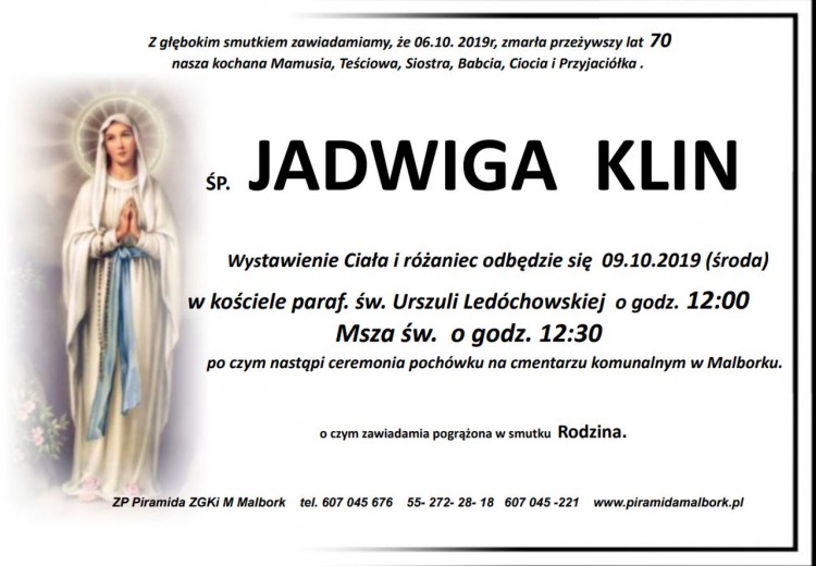 Zmarła Jadwiga Klin. Żyła 70 lat.