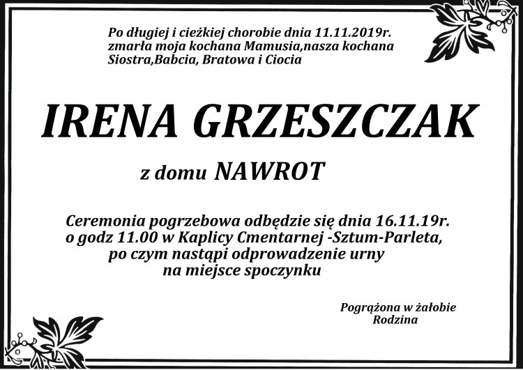 Zmarła Irena Grzeszczak. 