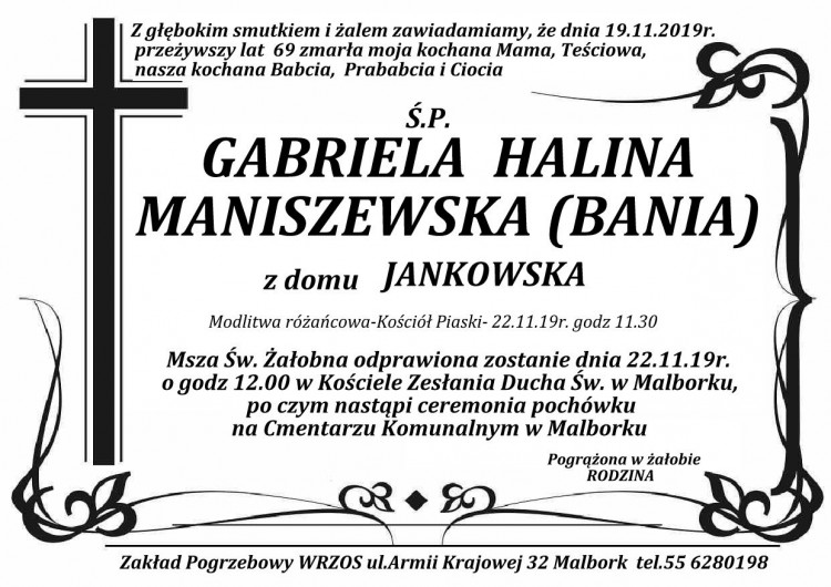Zmarła Gabriela Halina Maniszewska. Żyła 69 lat.