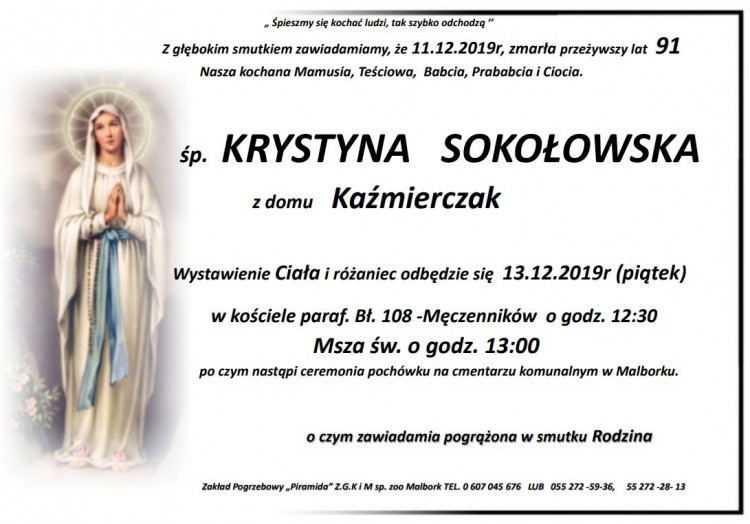 Zmarła Krystyna Sokołowska. Żyła 91 lat.