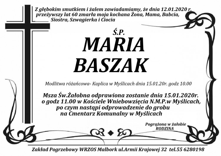 Zmarła Maria Baszak. Żyła 60 lat.