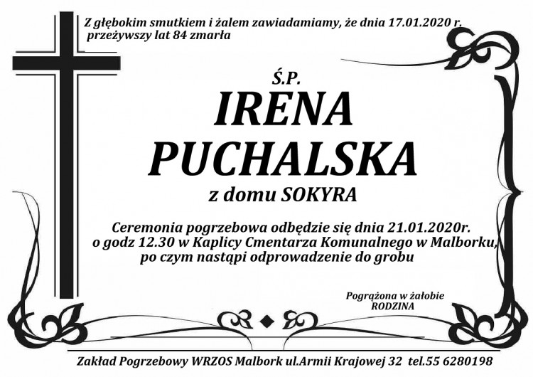 Zmarła Irena Puchalska z domu Sokyra. Żyła 84 lata.