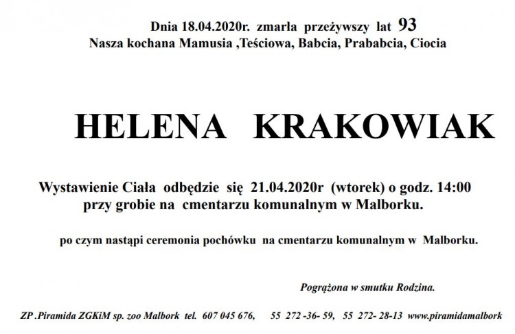Zmarła Helena Krakowiak. Żyła 93 lata.