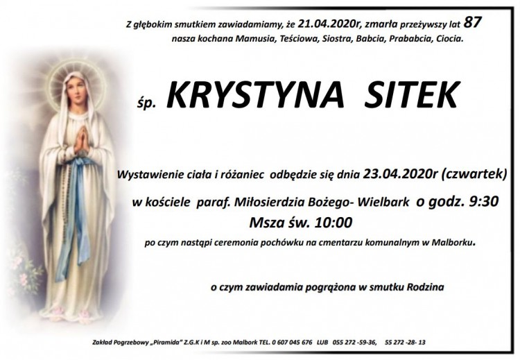 Zmarła Krystyna Sitek. Żyła 87 lat.