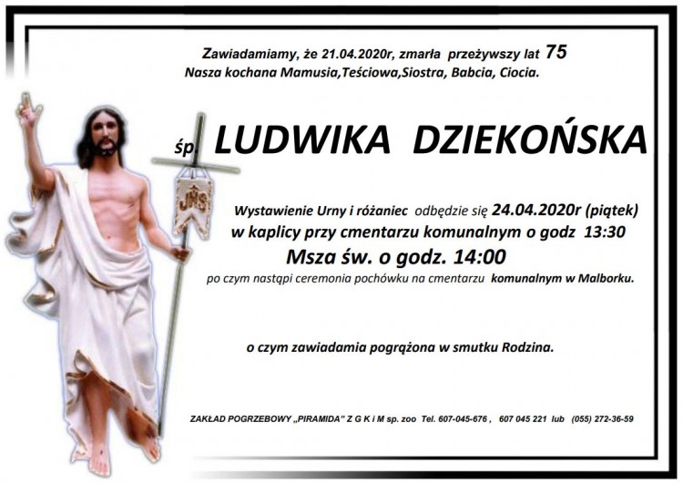 Zmarła Ludwika Dziekońska. Żyła 75 lat.