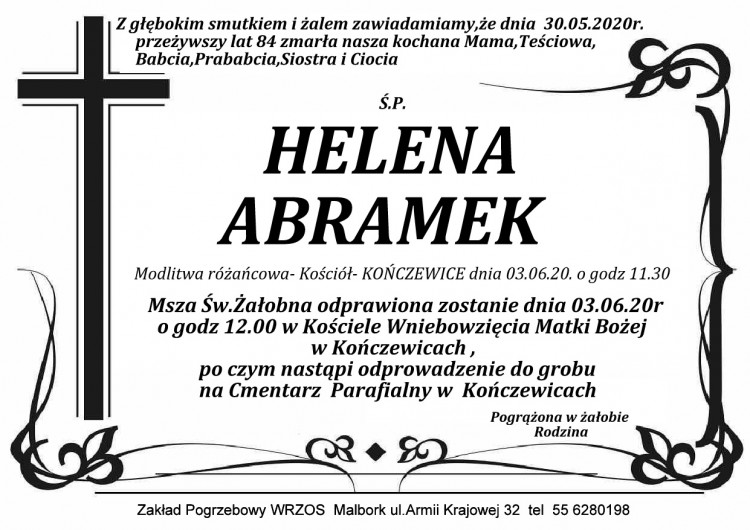 Zmarła Helena Abramek. Żyła 84 lata.