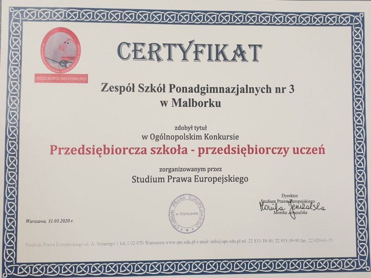 ZSP3 w Malborku z certyfikatem Przedsiębiorczej Szkoły.