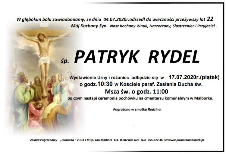Zmarł Patryk Rydel. Żył 22 lata.