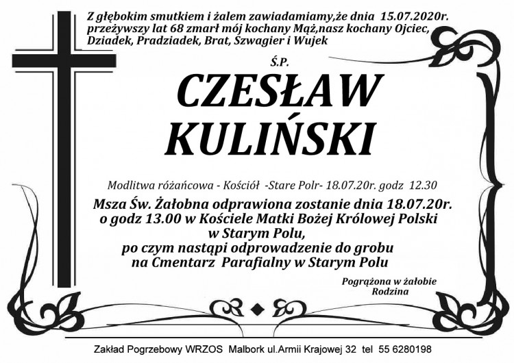 Zmarł Czesław Kuliński. Żył 68 lat.
