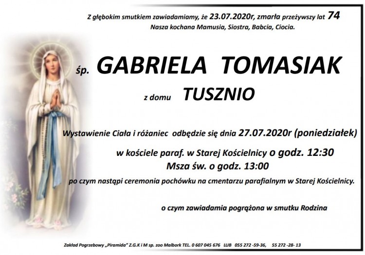 Zmarła Gabriela Tomasiak. Żyła 74 lata.