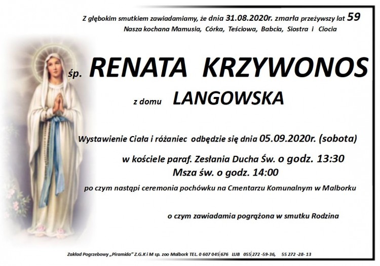 Zmarła Renata Krzywonos. Żyła 59 lat.