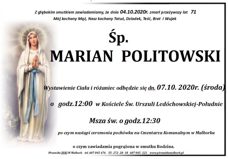 Zmarł Marian Politowski. Żył 71 lat.