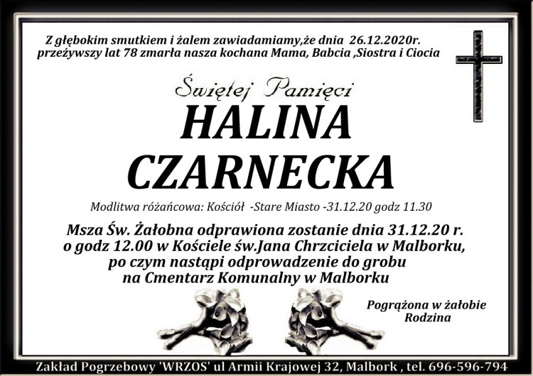 Zmarła Halina Czarnecka. Żyła 78 lat.