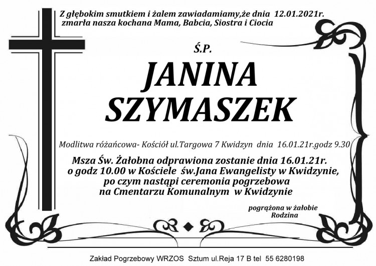 Zmarła Janina Szymaszek.