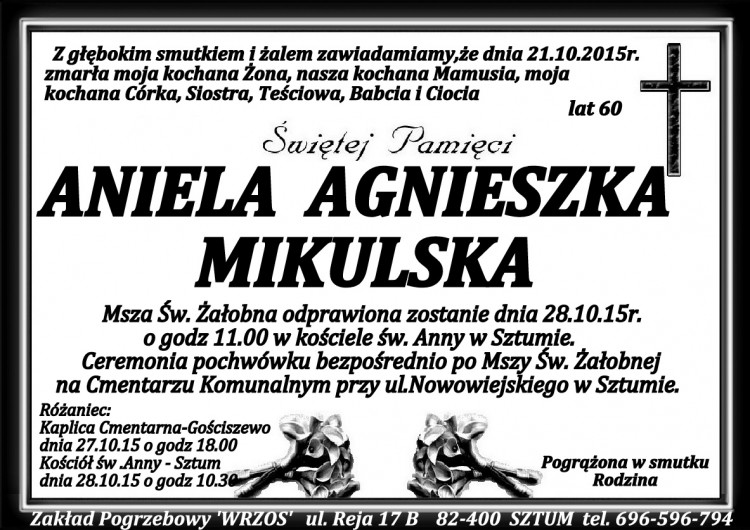 Zmarła Aniela Agnieszka Mikulska. Żyła 60 lat.
