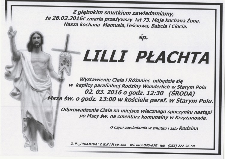Zmarła Lillia Płachta. Żyła 73 lata.