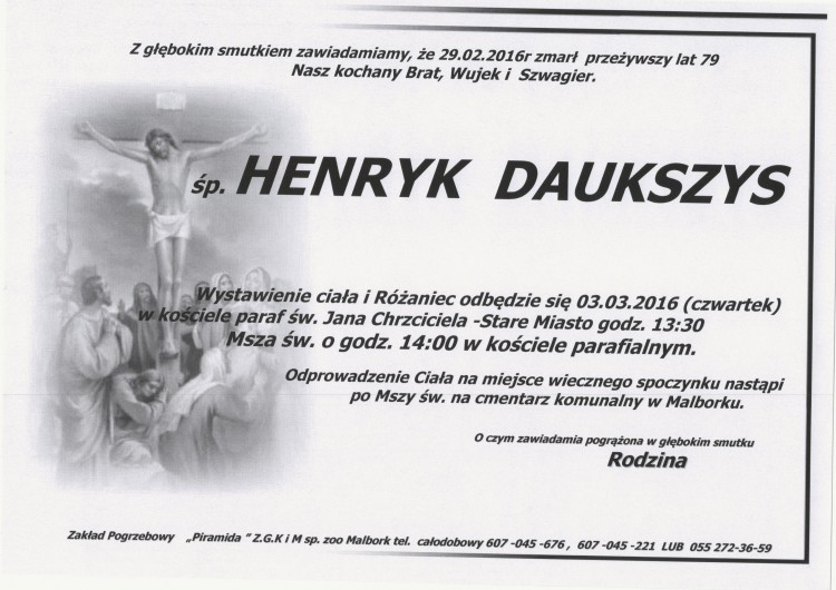 Zmarł Henryk Daukszys. Żył 79 lat.
