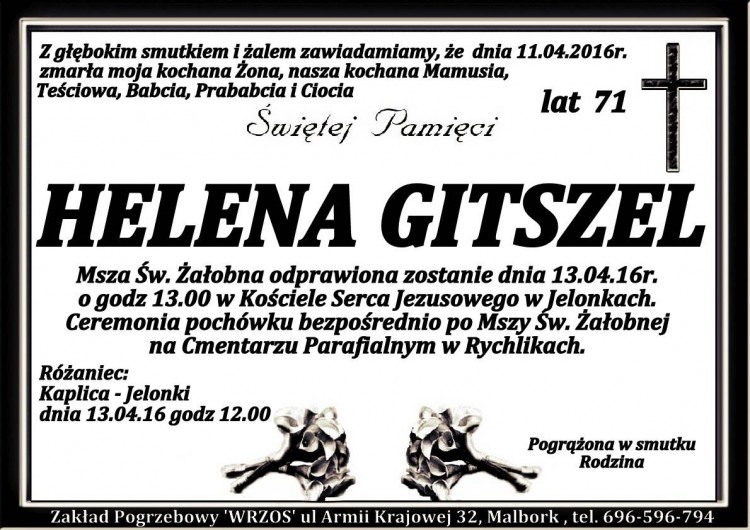 Zmarła Helena Gitszel. Żyła 71 lat